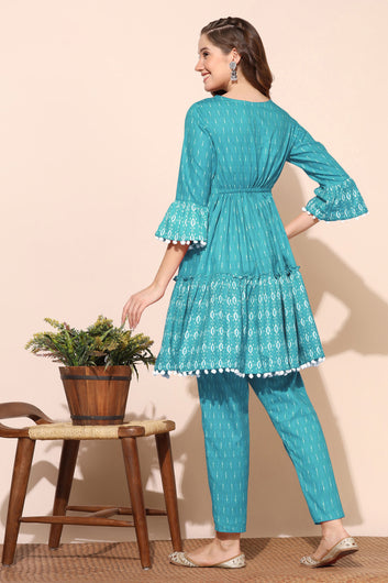 Womens Turquoise Cotton Blend Printed Tiered Kurta With Trouser Set