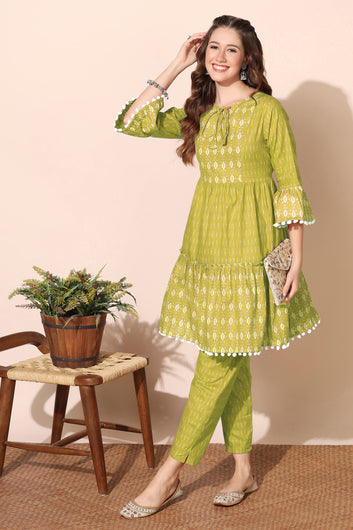 Womens Olive Cotton Blend Printed Tiered Kurta With Trouser Set