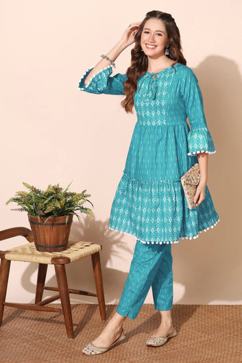 Womens Turquoise Cotton Blend Printed Tiered Kurta With Trouser Set