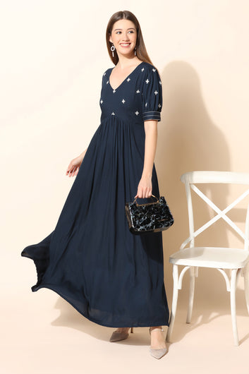 Women’s Blue Rayon Embroidered Empire Dress