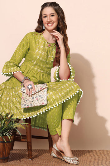 Womens Olive Cotton Blend Printed Tiered Kurta With Trouser Set