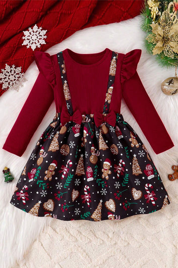 Girls Maroon Zurick Christmas Gathered Printed A-Line Knee Length Dress