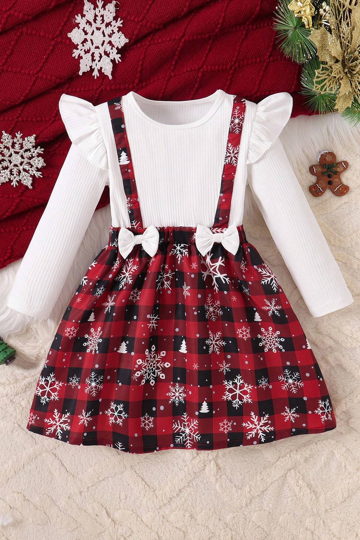 Girls White Zurick Christmas Gathered Printed A-Line Knee Length Dress