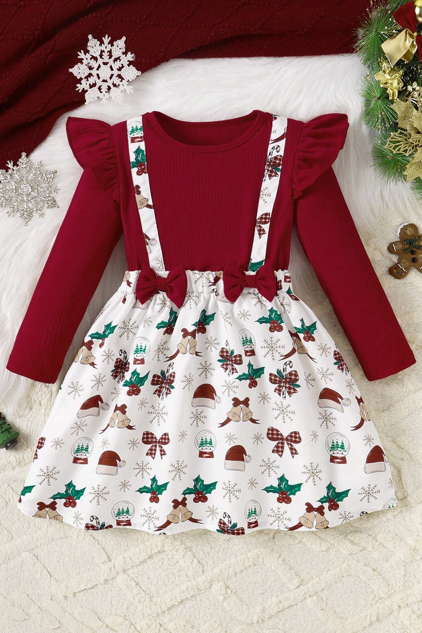 Girls Maroon Zurick Christmas Gathered Printed A-Line Knee Length Dress