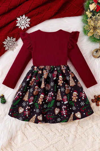 Girls Maroon Zurick Christmas Gathered Printed A-Line Knee Length Dress