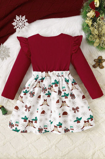 Girls Maroon Zurick Christmas Gathered Printed A-Line Knee Length Dress