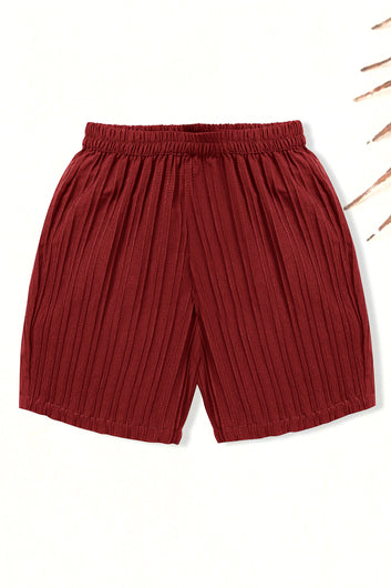 Girls Maroon Cotton Blend Solid Top With Shorts Set