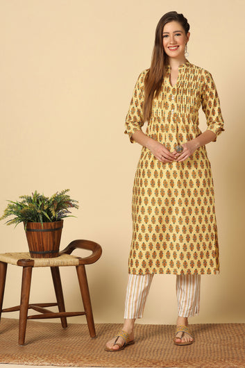 Women’s Yellow Cotton Floral Printed Kurta Pant Set