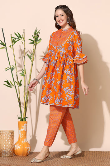 Women’s Orange Cotton Floral Printed Kurta With Pant Set