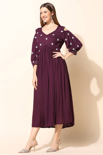 Women’s Wine Rayon Embroidered Empire Dress