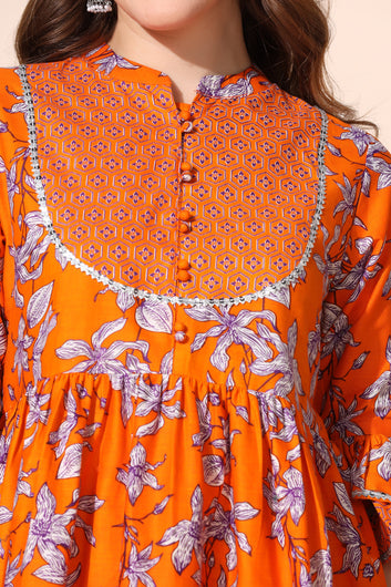 Women’s Orange Cotton Floral Printed Kurta With Pant Set