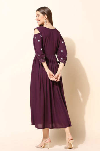 Women’s Wine Rayon Embroidered Empire Dress