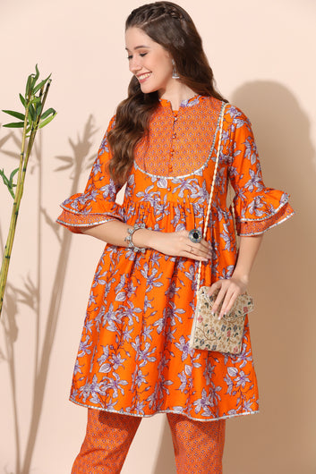 Women’s Orange Cotton Floral Printed Kurta With Pant Set