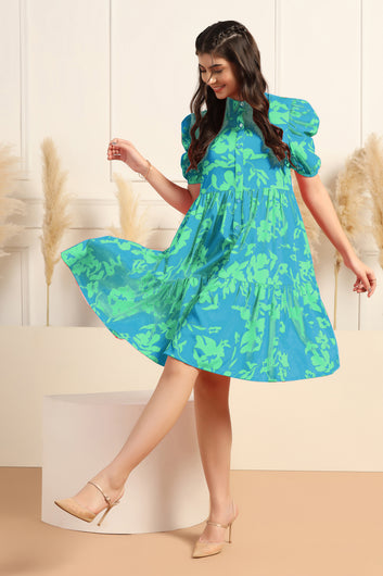 Womens Teal Cotton Blend Floral Printed Knee Length Fit & Flare Dress