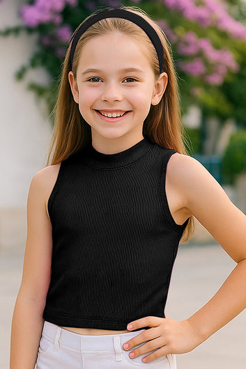 Girls Black Ribbed Solid Sleeveless Crew Neck Casual Top For Kids Summer Trend