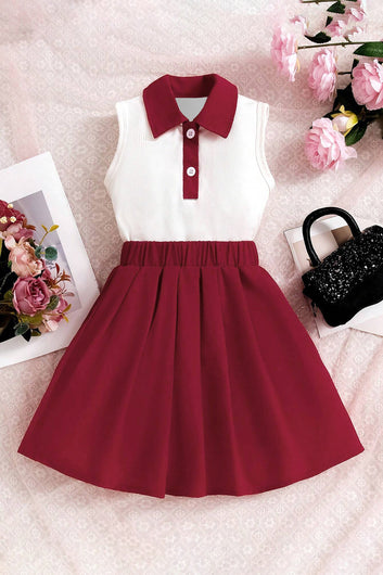 Girls White Rib Solid Top and Marron Solid Skirt Set Girls Clothing Sets