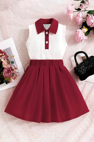 Girls White Rib Solid Top and Marron Solid Skirt Set Girls Clothing Sets