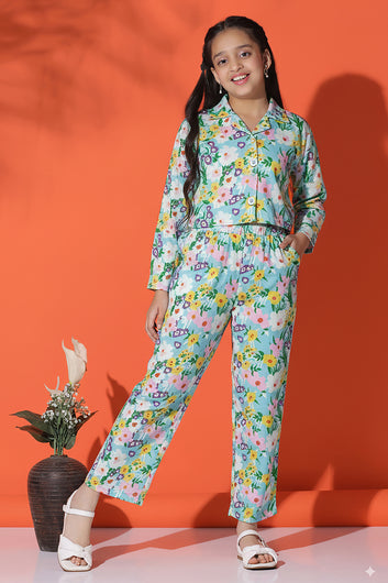 Girls Sky Blue Cotton Blend Flower Printed Co ords sets Whith Jecket