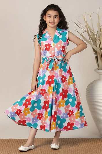 Girls's Multicolor Cotton Blend Florel Printed Frock