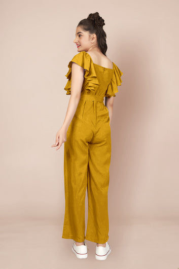 Girls Mustard Cotton Blend Ruffled Jumpsuit