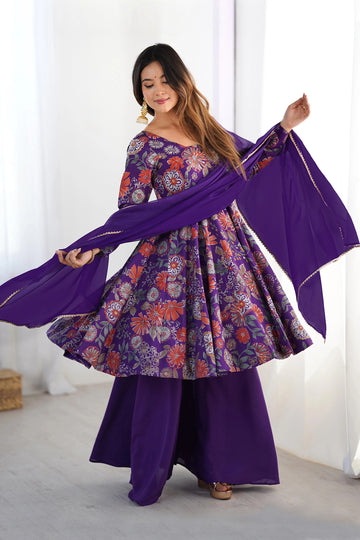 Womens Purple Chinon Silk Printed Kurta Set with Dupatta