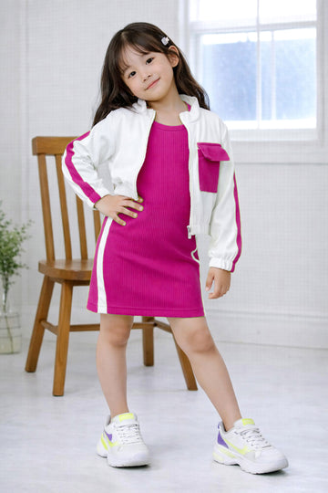 Girls Pink Rib A line Dress with jacket Set