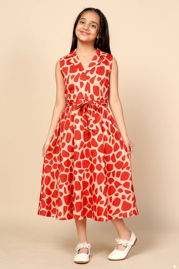 Girls Orange Printed A-Line Midi Dress