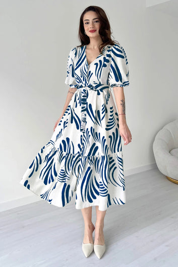 Womens Blue Viscose Rayon Printed Calf Length dress