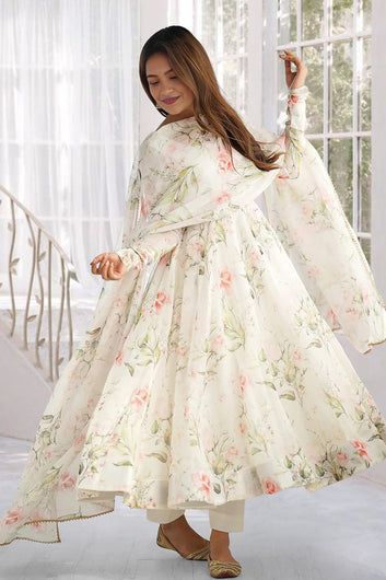 Womens Off White Georgette Floral Printed A-Line Kurta Set with Dupatta
