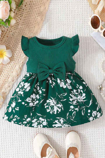 Girls Green Cotton Blend Floral Printed Fit And Flare Knee Length Dress