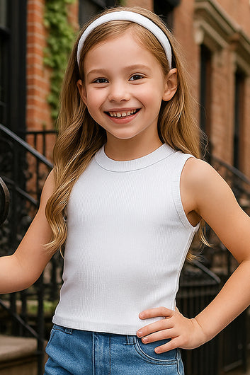 Girls White Rib Solid, Crew Neck Crop Top For Girls Causal Top