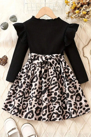 Baby Girl's Black Rib Lycra Animal Printed Fit & Flare Dress