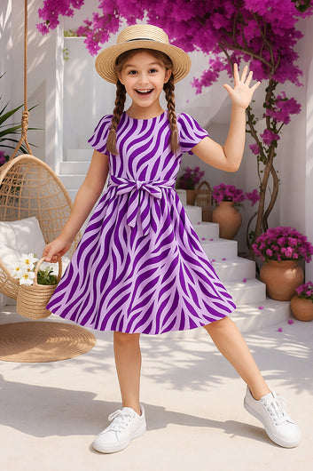 Girl's Purple Cotton Blend Fit & Flare Knee Legth Casual Dress