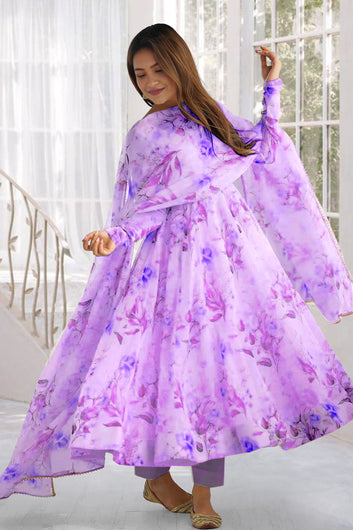 Womens Violet Georgette Floral Printed A-Line Kurta Set with Dupatta