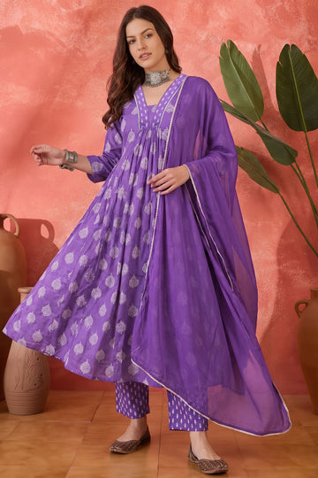 Women's Purple Cotton Blend Ethnic Motif Printed Kurta And Pant With Dupatta Set For Festive Wear