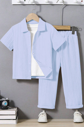 Boys Blue Cotton Blend Solid T-Shirt And Shirt With Trouser Set