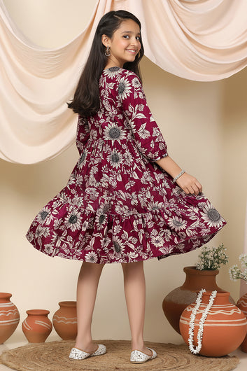 Girls Magenta Rayon Floral Printed Midi Dress