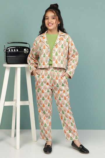 Girls Parrot Lycra Blend Printed Crop top, Jacket & Pant Set