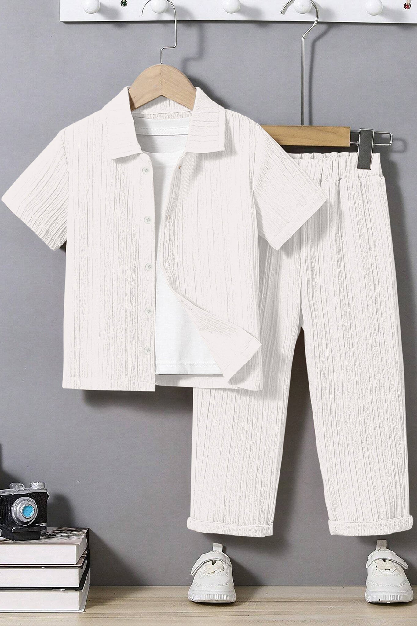 Boys White Cotton Blend Solid T-Shirt And Shirt With Trouser Set