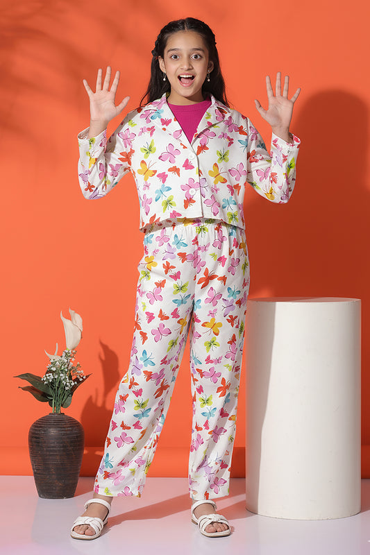 Girls Rani Lycra Blend Printed Crop top, Jacket & Pant Set
