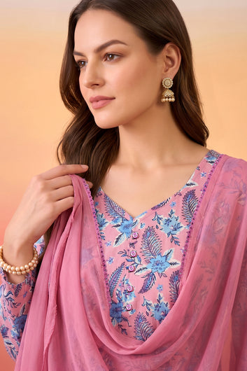 Women's Pink Cotton Blend Floral Printed Kurta And Pant With Dupatta Set For Cultural Wear