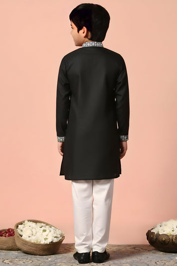 Boy's Black Chanderi Silk Embroidered Kurta Pajama Set