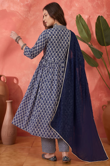 Women Blue Cotton Blend Floral Printed Kurta And Pant With Dupatta Set Festive Wear