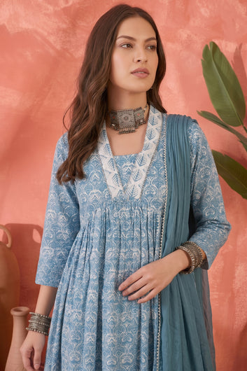 Women Sky Blue Cotton Blend Ethnic Block Print Kurta And Pant With Dupatta Set For Occasional Wear