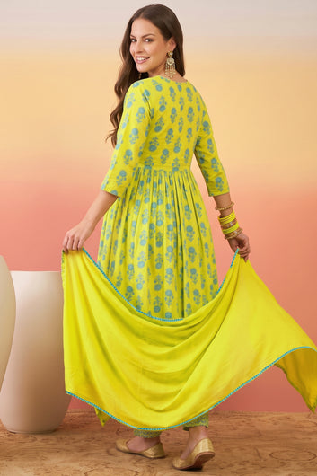 Women Yellow Cotton Blend Floral Print Kurta And Pant With Dupatta Set Ethnic Outfit