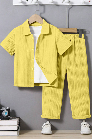 Boys Yellow Cotton Blend Solid T-Shirt And Shirt With Trouser Set