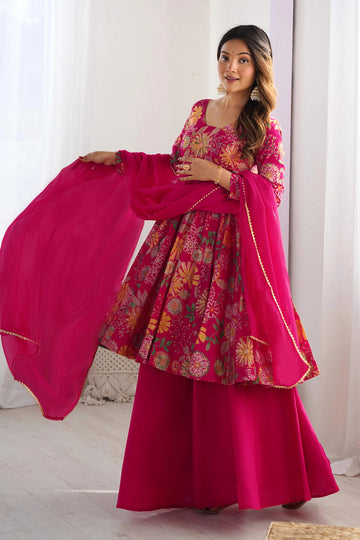 Womens Pink Chinon Silk Printed Kurta Set with Dupatta