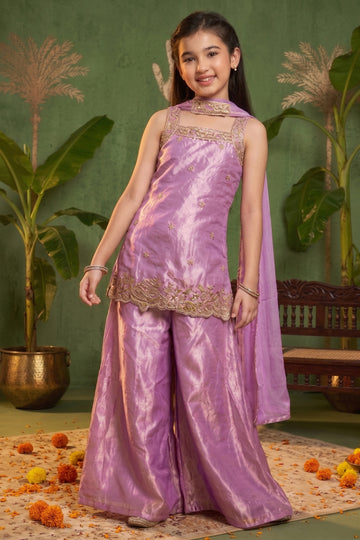 Girls Purple Silk Blend Embroidered Kurta and Palazzo with Dupatta For Ethnic Look