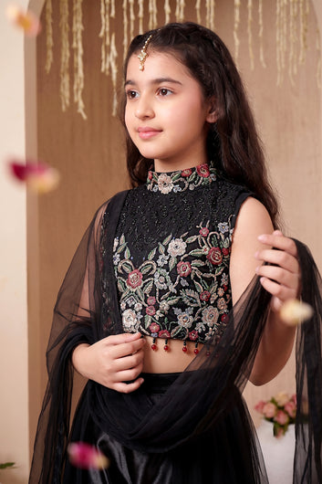 Girls Black Silk Blend Ethnic Set with Floral Embroidered Top, Flared Palazzo & Dupatta – Festive & Party Wear