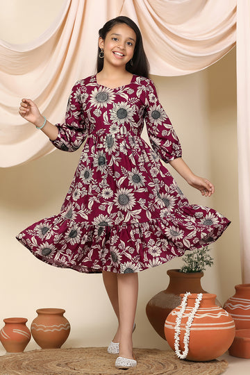 Girls Magenta Rayon Floral Printed Midi Dress
